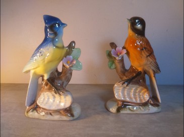Paire d'oiseaux décoratifs - Mésange Moineau céramique porcelaine polychrome statuette