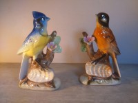 Paire d'oiseaux décoratifs - Mésange Moineau céramique porcelaine polychrome statuette