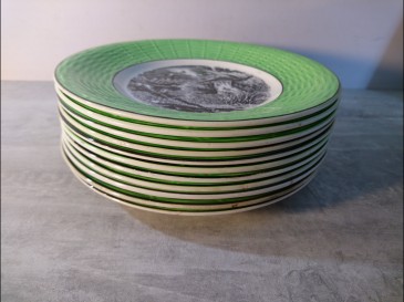 9 ASSIETTES PARLANTES FAIENCE CERAMIQUE DIGOIN SARREGUEMINES "LA CHASSE"